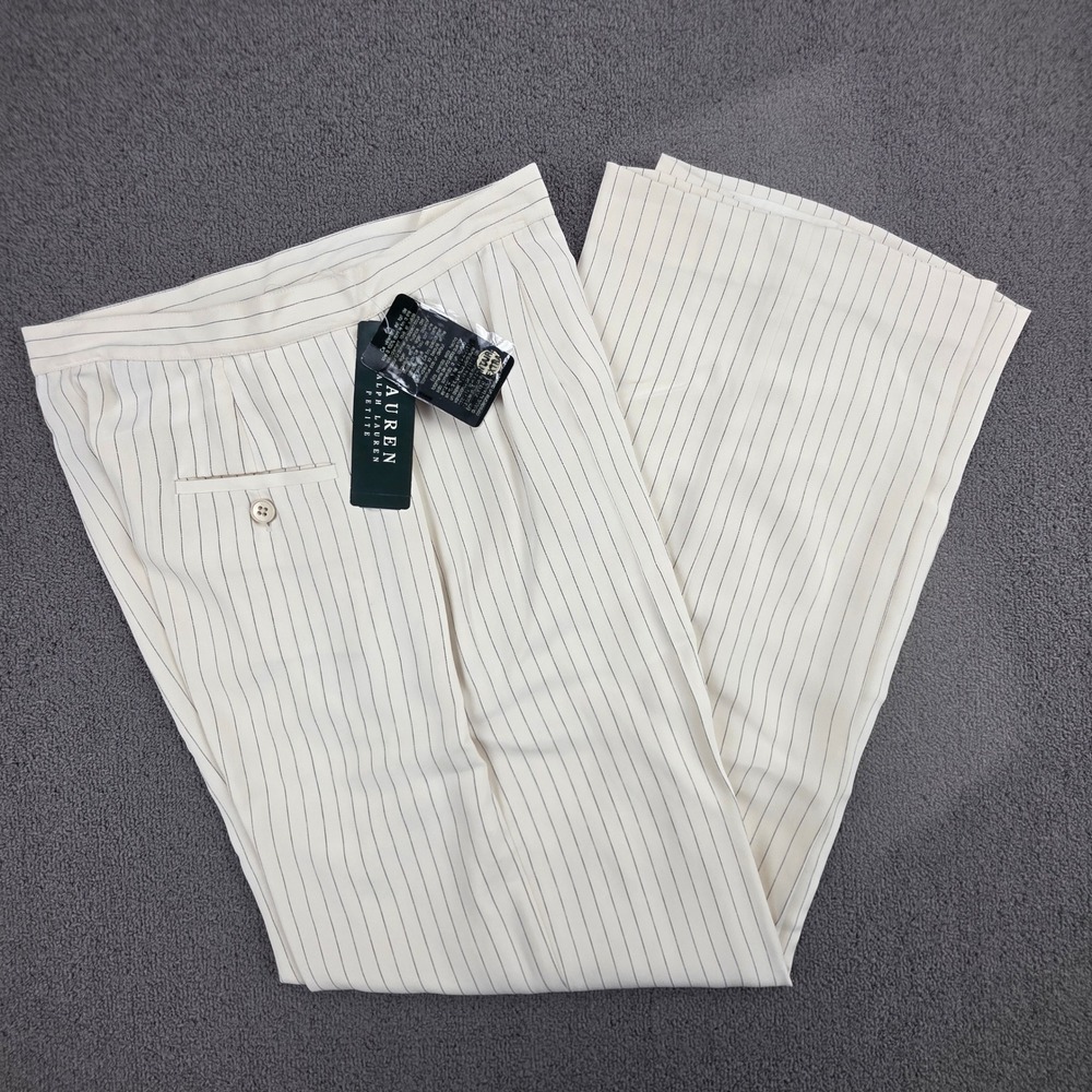 Lauren Ralph Lauren Pinstripe Silk Pants Women Cream Wide Leg Petite 12P NWT